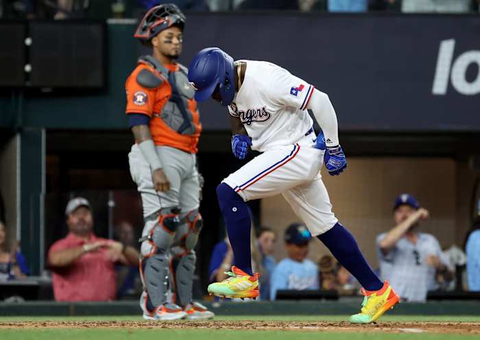 Oct 20, 2023; Arlington, Texas, USA; Texas Rangers right fielder Adolis Garcia (53) celebrates after hitting a three-run home run during the sixth inning of game five in the ALCS against the Houston Astros for the 2023 MLB playoffs at Globe Life Field. Mandatory Credit: Kevin Jairaj-USA TODAY Sports